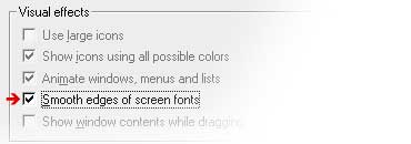 Activate 'Smooth edges of screen fonts': Windows 98 SE